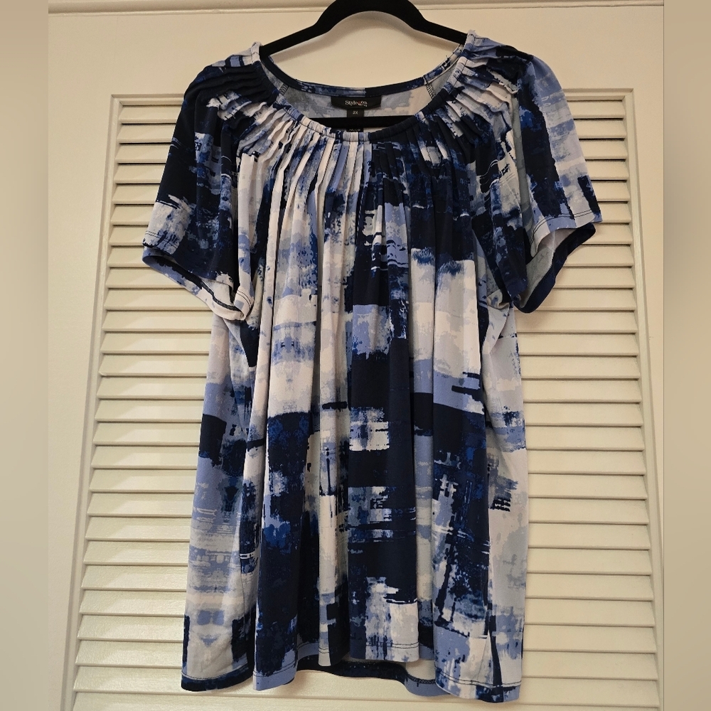 Style & Co. - (Plus-Size) Blue & White Pleated Short-Sleeve Top